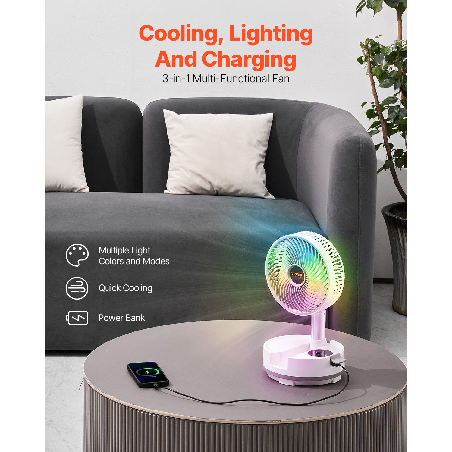 VEVOR 8 inch Foldable Rechargeable Oscillating Fan 3 in 1 Remote 8 Speeds