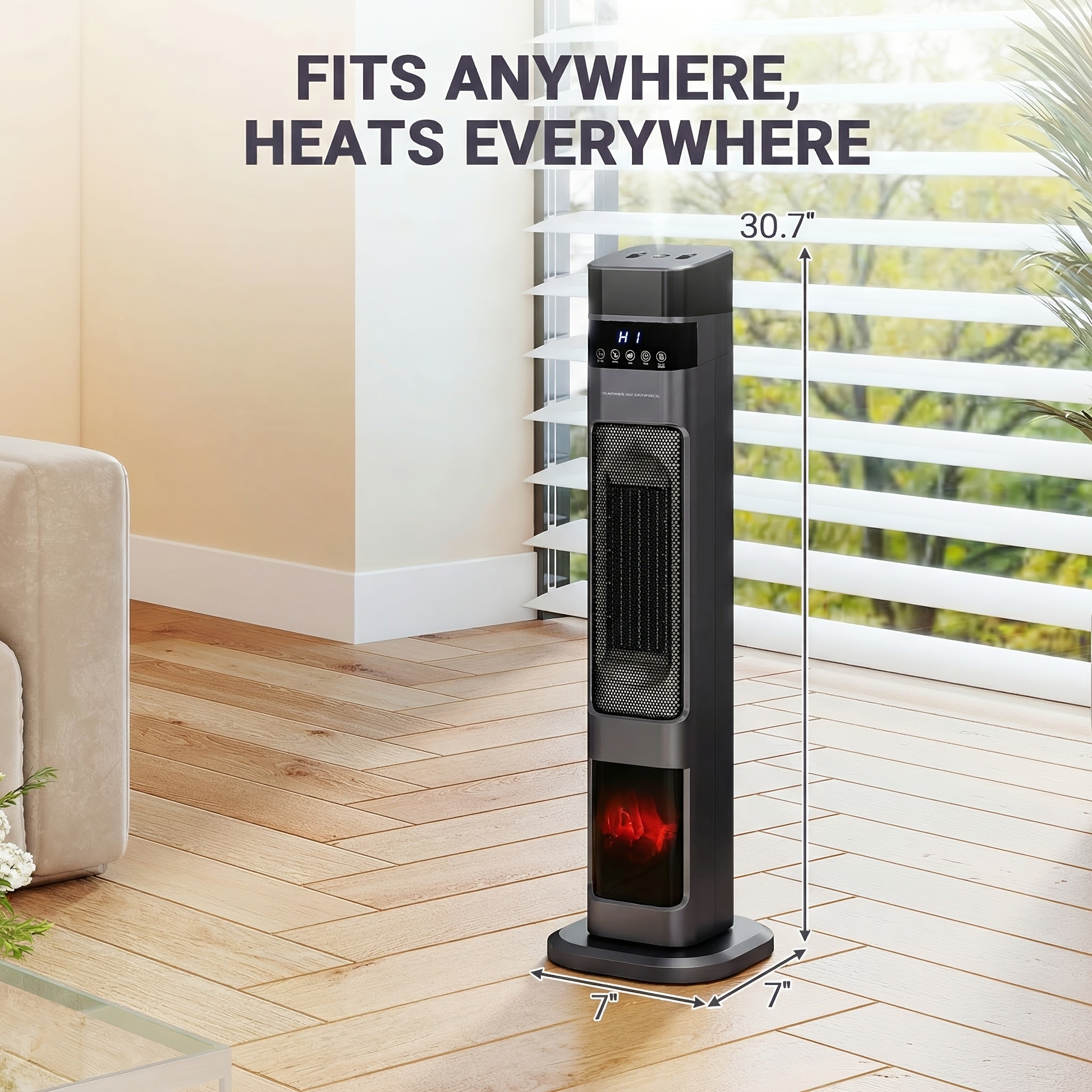 1500W PTC Tower Heater with Humidifier Function, 3D Flame Effect, Oscillating for Large Room, 12H Timer, Quiet for Bedroom, Office