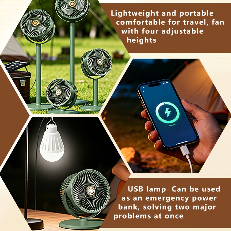 Multi-functional Fan, 2-in-1 Portable Fan, USB Rechargeable Mobile Fan, 360° Up And Down Adjustment, 5-speed Wind Adjustment, 4 Adjustable Heights, Camping Fan, Suitable for Bedroom, Outdoors, Picnic, Party, Office Back-to-school Season Holiday Gifts