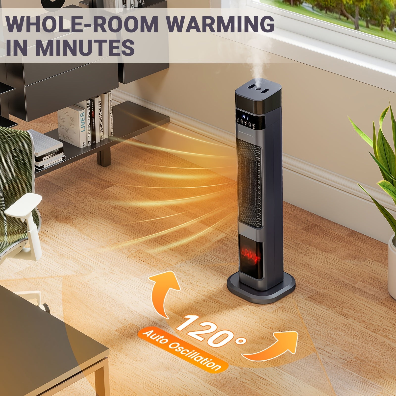 1500W PTC Tower Heater with Humidifier Function, 3D Flame Effect, Oscillating for Large Room, 12H Timer, Quiet for Bedroom, Office