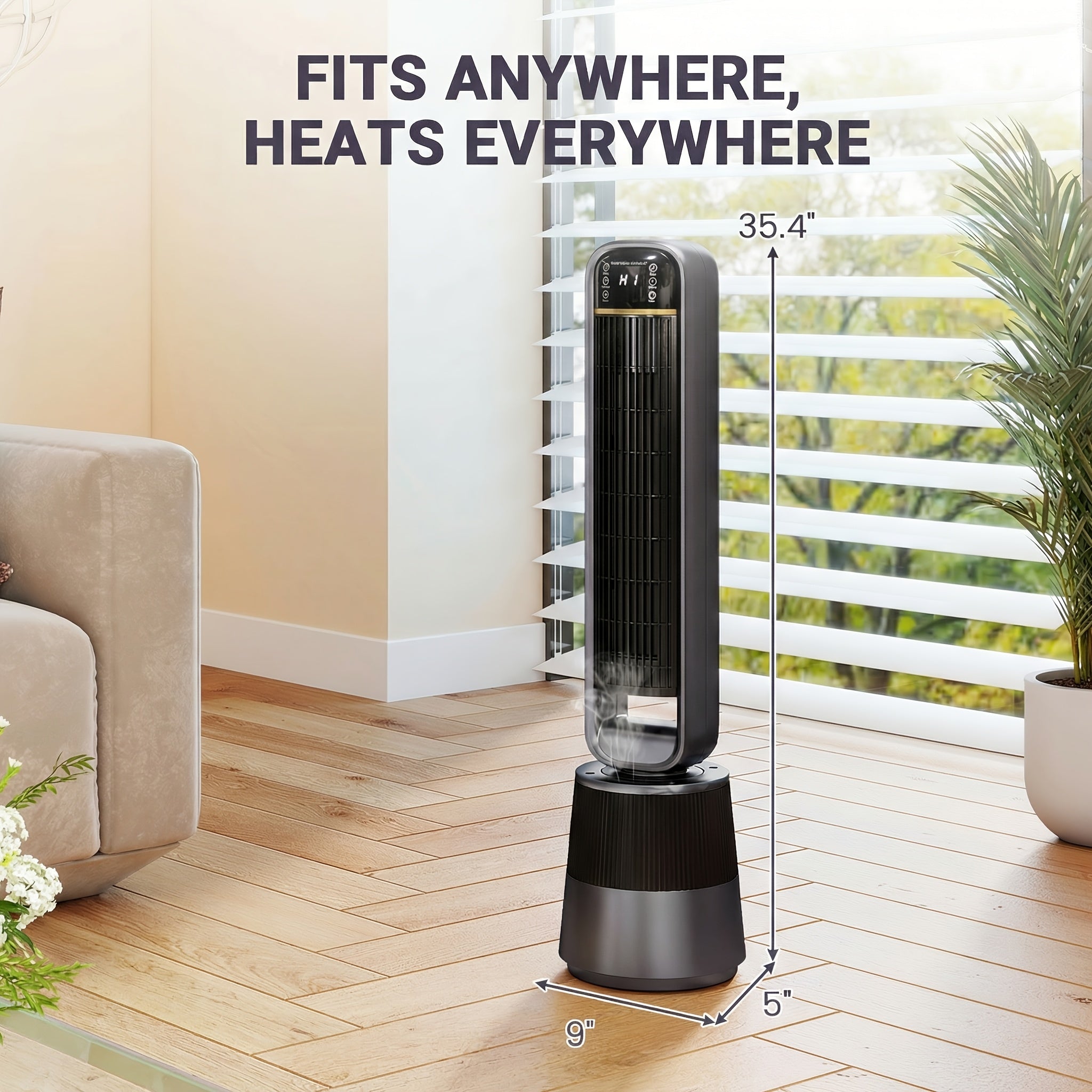 1500W PTC Tower Heater with Humidifier Function, 3D Flame Effect, Oscillating for Large Room, 12H Timer, Quiet for Bedroom, Office