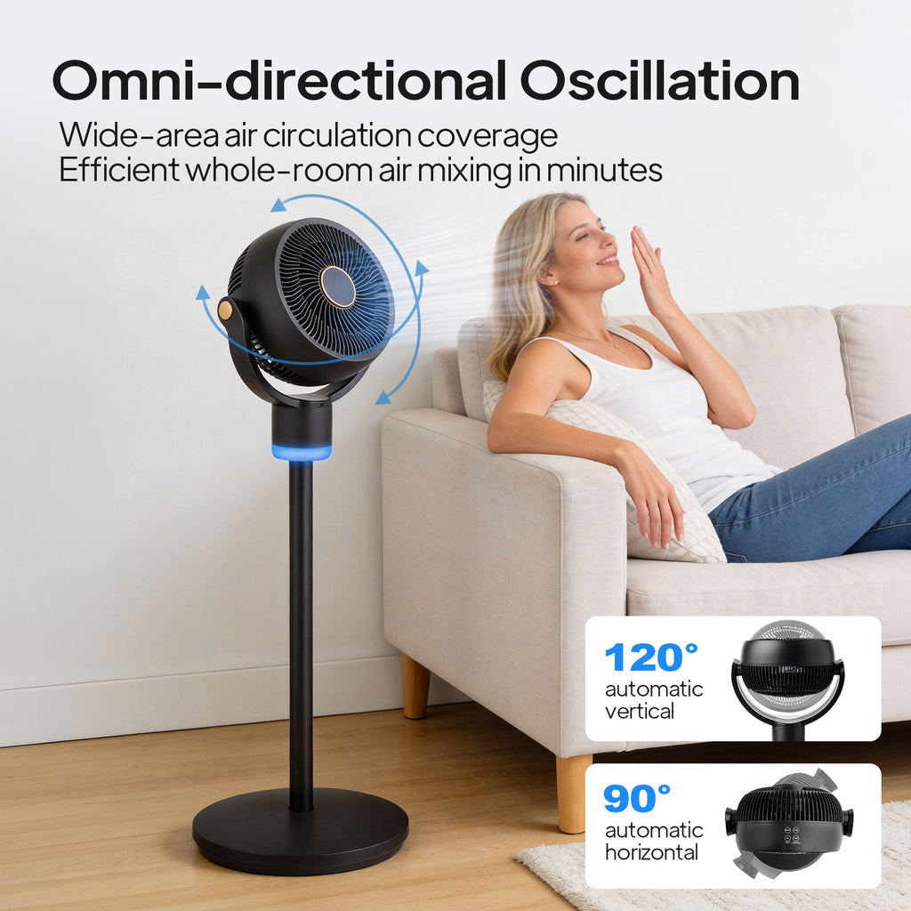 40'' Standing Fan for Bedroom, 120°+90°Omni-Directional Oscillating Fan, 3-In-1 Pedestal & Tabletop Fan with 3 Speeds, 12H Timer, Adjustable Height, Air Circulator Fan