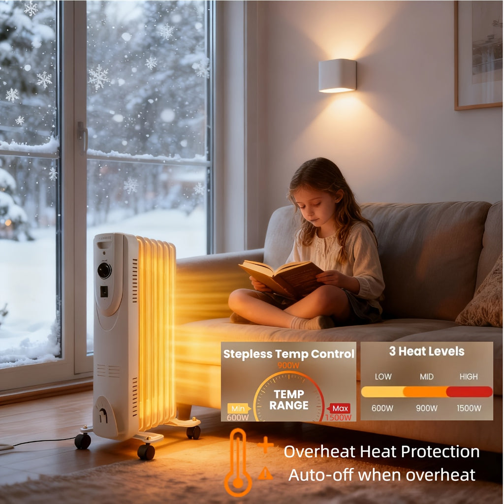 Portable Large Ceramic Oil-Filled Radiator Heater 1600W Adjustable Thermostat, Fast Heating & Constant Temperature, 24-Hour Timer, Quiet & Anti-Scald, Tip-Over & Overheat Protection, Perfect for Large Rooms, Living Rooms, Patios, Bedrooms And Offices