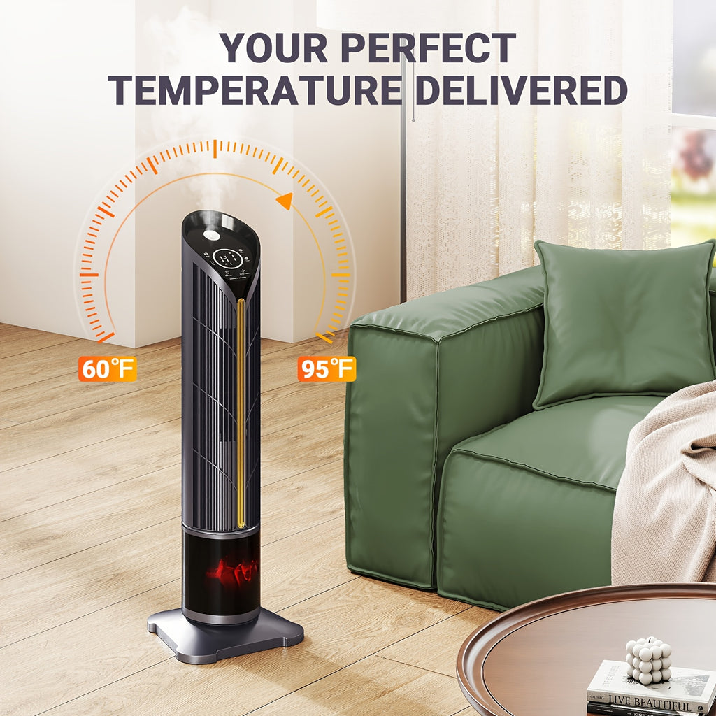 1500W PTC Tower Heater with Humidifier Function, 3D Flame Effect, Oscillating for Large Room, 12H Timer, Quiet for Bedroom, Office