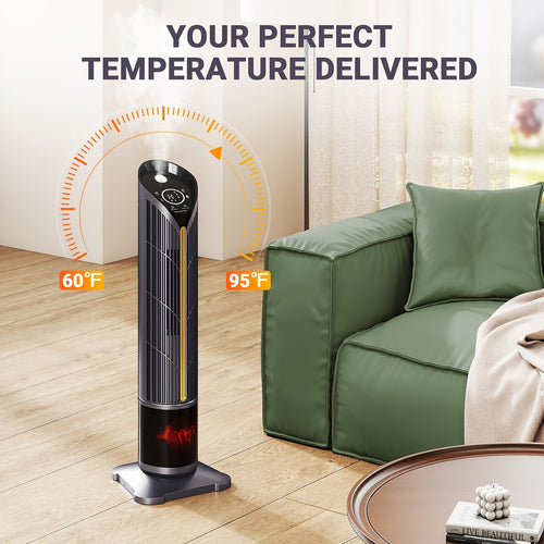 1500W PTC Tower Heater with Humidifier Function, 3D Flame Effect, Oscillating for Large Room, 12H Timer, Quiet for Bedroom, Office