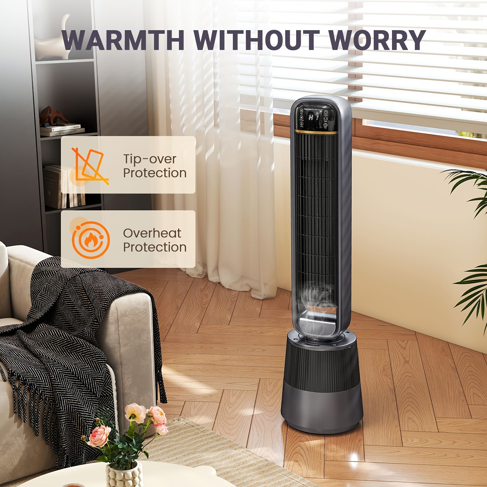 1500W PTC Tower Heater with Humidifier Function, 3D Flame Effect, Oscillating for Large Room, 12H Timer, Quiet for Bedroom, Office