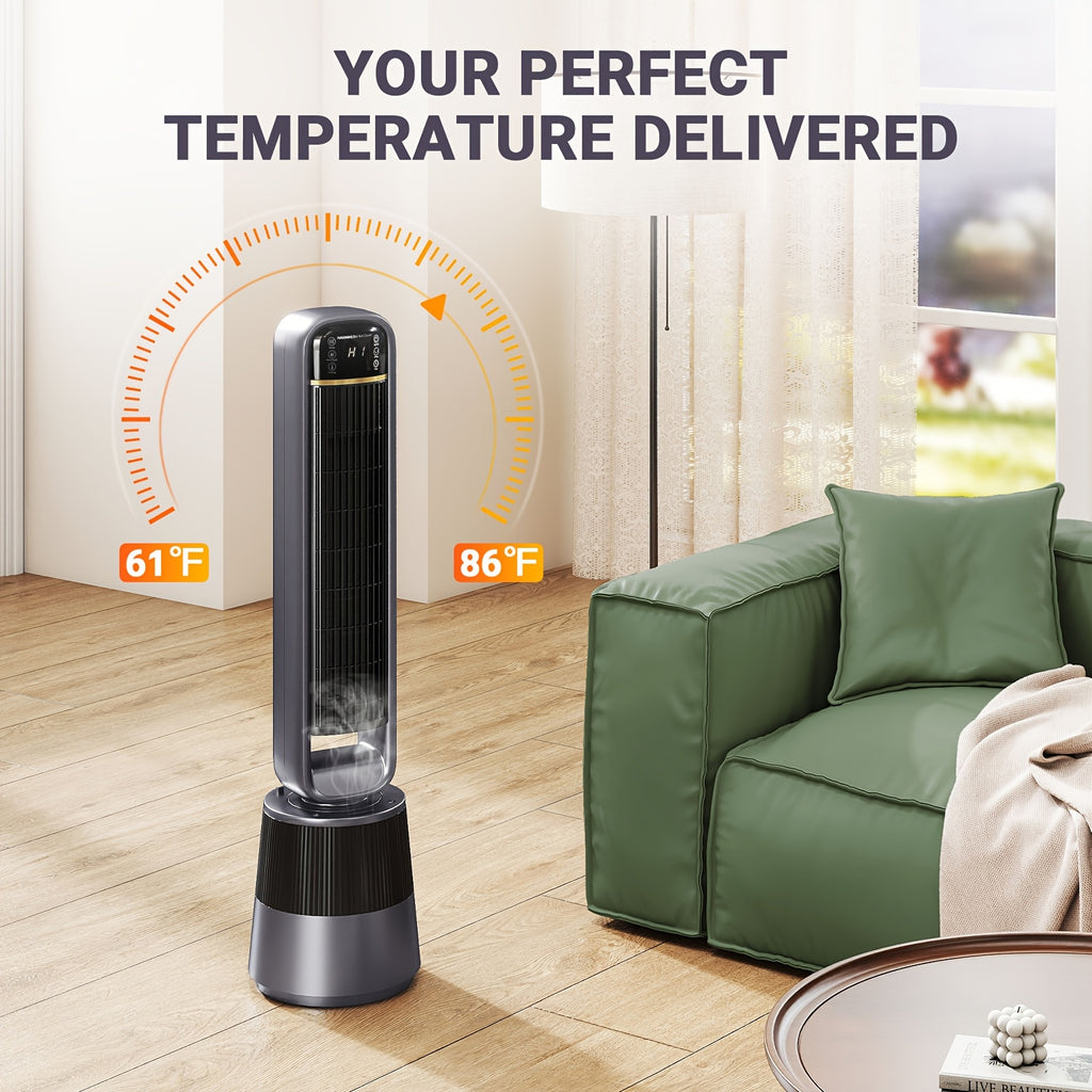 1500W PTC Tower Heater with Humidifier Function, 3D Flame Effect, Oscillating for Large Room, 12H Timer, Quiet for Bedroom, Office