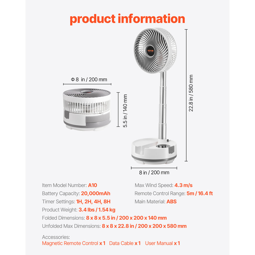 VEVOR 8 inch Foldable Rechargeable Oscillating Fan 3 in 1 Remote 8 Speeds