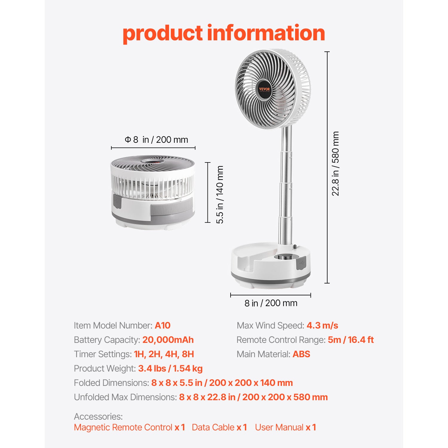 VEVOR 8 inch Foldable Rechargeable Oscillating Fan 3 in 1 Remote 8 Speeds