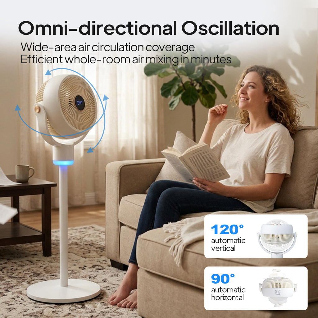40'' Standing Fan for Bedroom, 120°+90°Omni-Directional Oscillating Fan, 3-In-1 Pedestal & Tabletop Fan with 3 Speeds, 12H Timer, Adjustable Height, Air Circulator Fan
