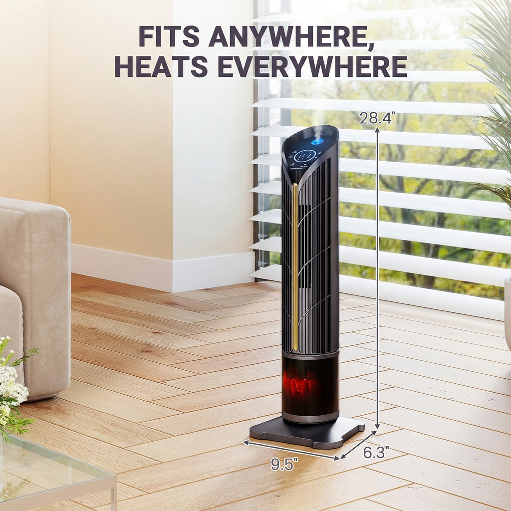 1500W PTC Tower Heater with Humidifier Function, 3D Flame Effect, Oscillating for Large Room, 12H Timer, Quiet for Bedroom, Office