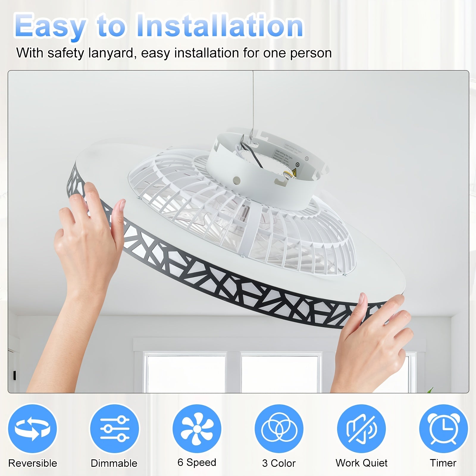 18.9inch Ceiling Fan with A Bird's Nest Texture And Deflector; 3-color, 6-speed Reversible LED Dimmable Fan; 1\u002F2\u002F4-hour Timer with Light Memory; DC Motor Operates At Less Than 35 Decibels; Promotes Air Circulation; A Bedroom Ceiling Fan for All