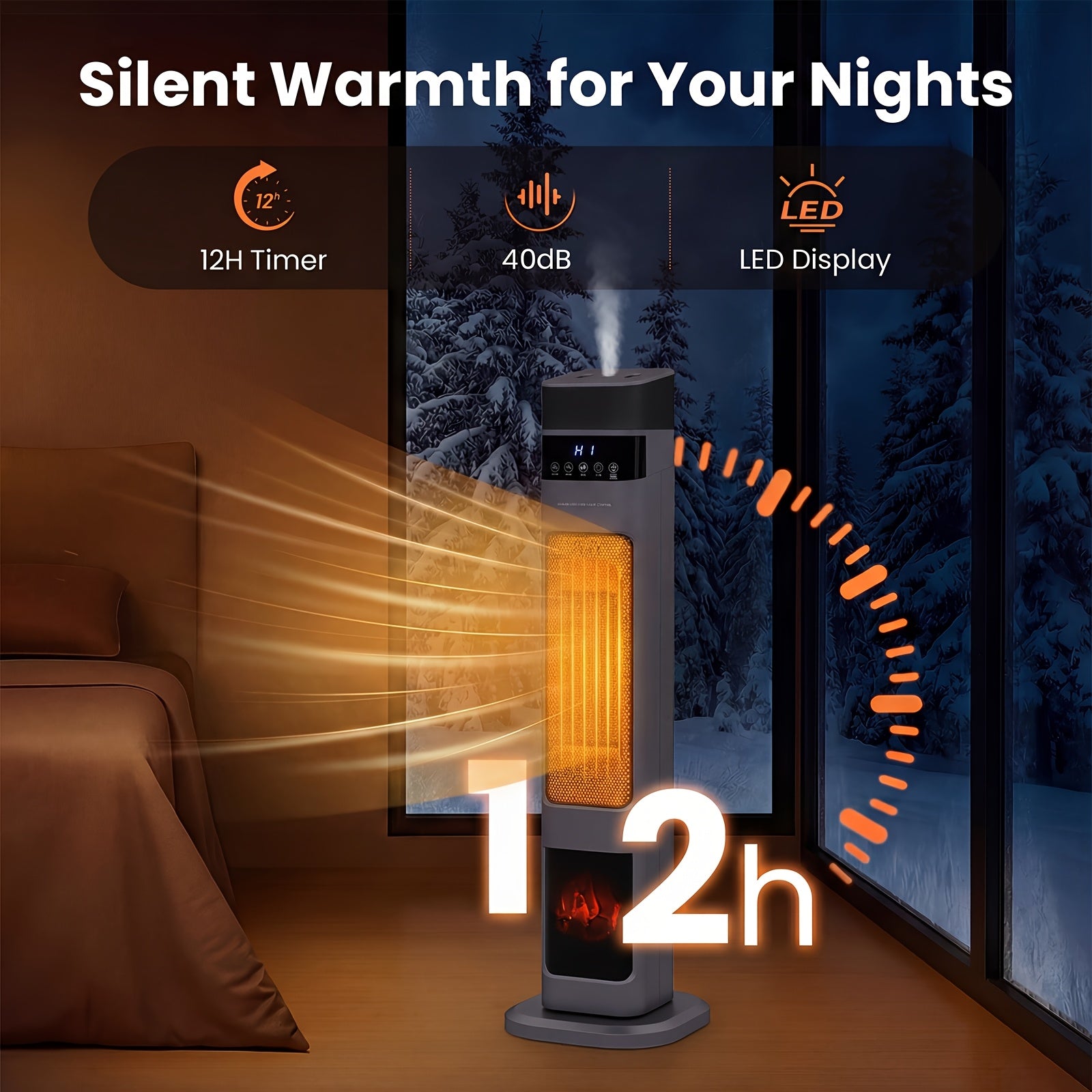 1500W PTC Heater Featuring a Humidifier, 3D Flame Oscillating Tower Heater Suitable for Spacious Areas, 12-Hour Timer, And a Portable Electric Heater Ideal for Bedrooms And Indoor Settings