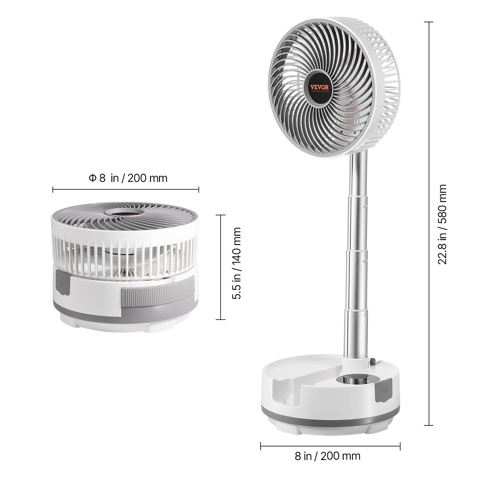 VEVOR 8 inch Foldable Rechargeable Oscillating Fan 3 in 1 Remote 8 Speeds