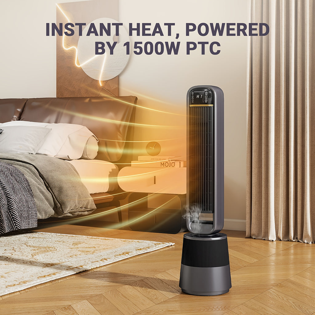 1500W PTC Tower Heater with Humidifier Function, 3D Flame Effect, Oscillating for Large Room, 12H Timer, Quiet for Bedroom, Office