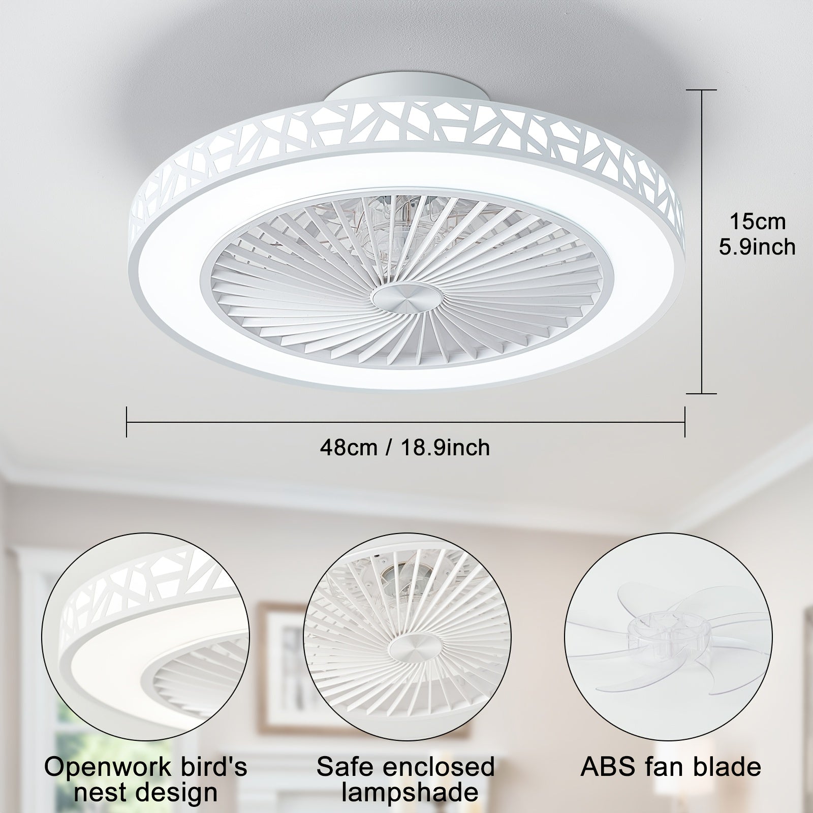 18.9inch Ceiling Fan with A Bird's Nest Texture And Deflector; 3-color, 6-speed Reversible LED Dimmable Fan; 1\u002F2\u002F4-hour Timer with Light Memory; DC Motor Operates At Less Than 35 Decibels; Promotes Air Circulation; A Bedroom Ceiling Fan for All