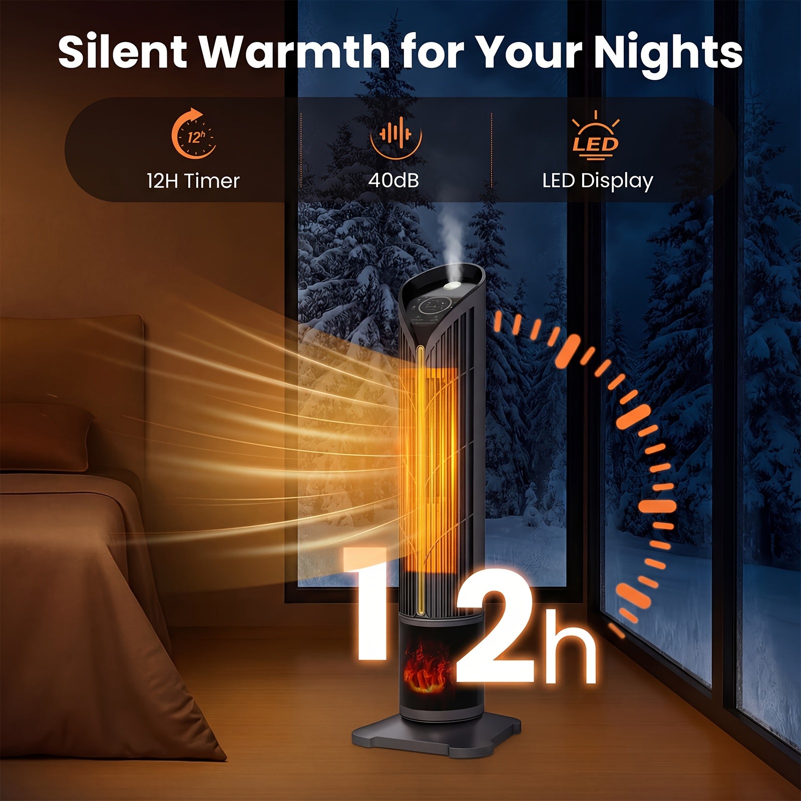 1500W PTC Heater Featuring a Humidifier, 3D Flame Oscillating Tower Heater Suitable for Spacious Areas, 12-Hour Timer, And a Portable Electric Heater Ideal for Bedrooms And Indoor Settings