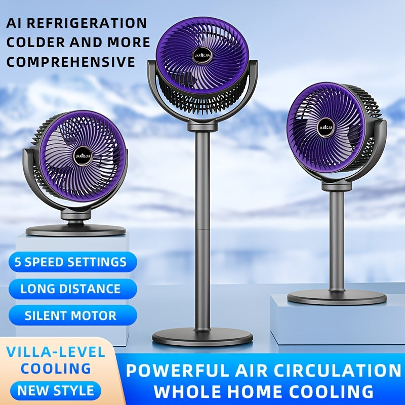 All-In-One Adjustable Floor Fan | 5 Wind Speeds, USB Charging Port, 360 Degree Adjustment, Three-Fan Design, High Power, Large Capacity Battery, Great Partner for Home, Bedroom, Living Room, Camping, Fishing, Work