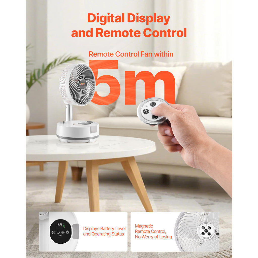 VEVOR 8 inch Foldable Rechargeable Oscillating Fan 3 in 1 Remote 8 Speeds