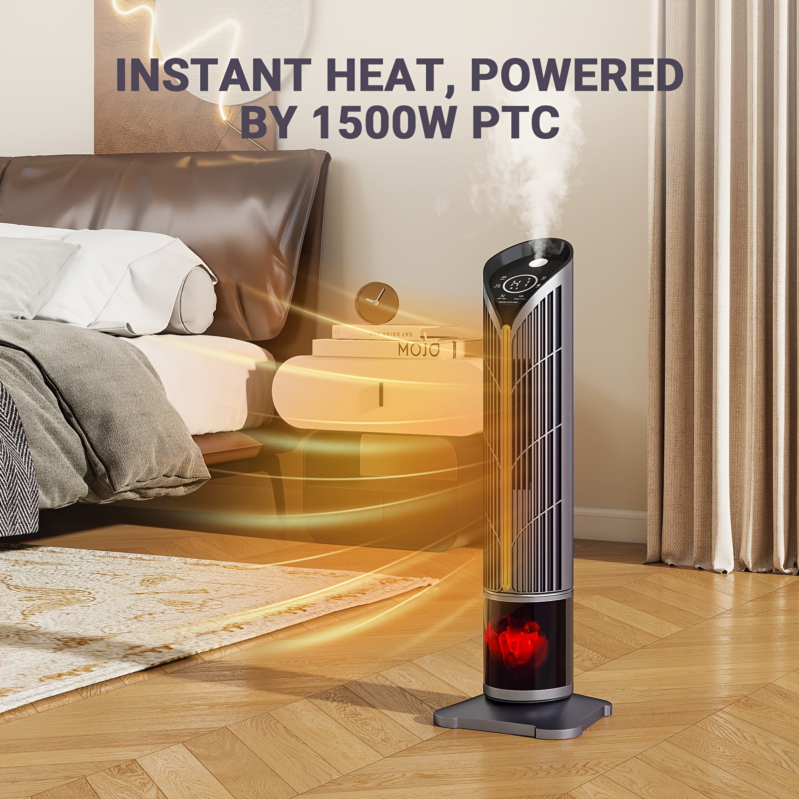 1500W PTC Tower Heater with Humidifier Function, 3D Flame Effect, Oscillating for Large Room, 12H Timer, Quiet for Bedroom, Office
