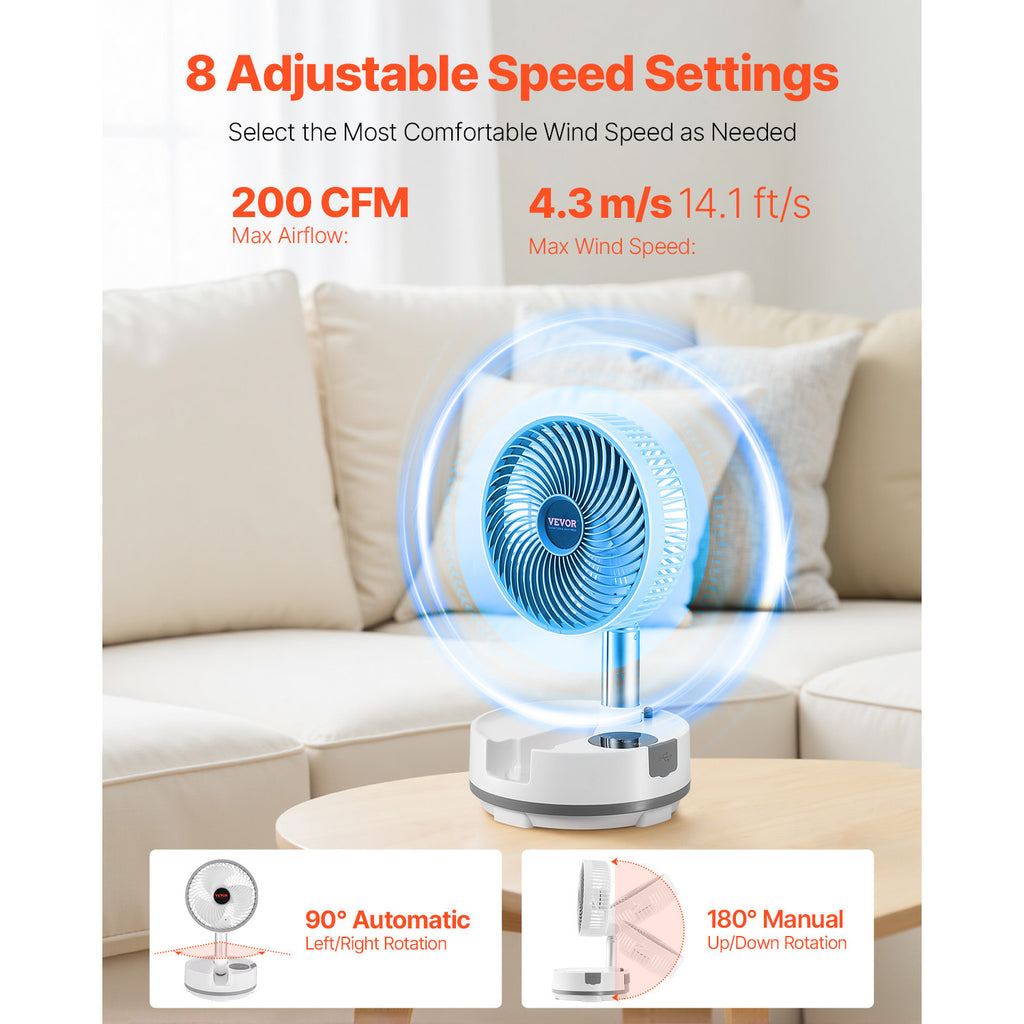 VEVOR 8 inch Foldable Rechargeable Oscillating Fan 3 in 1 Remote 8 Speeds