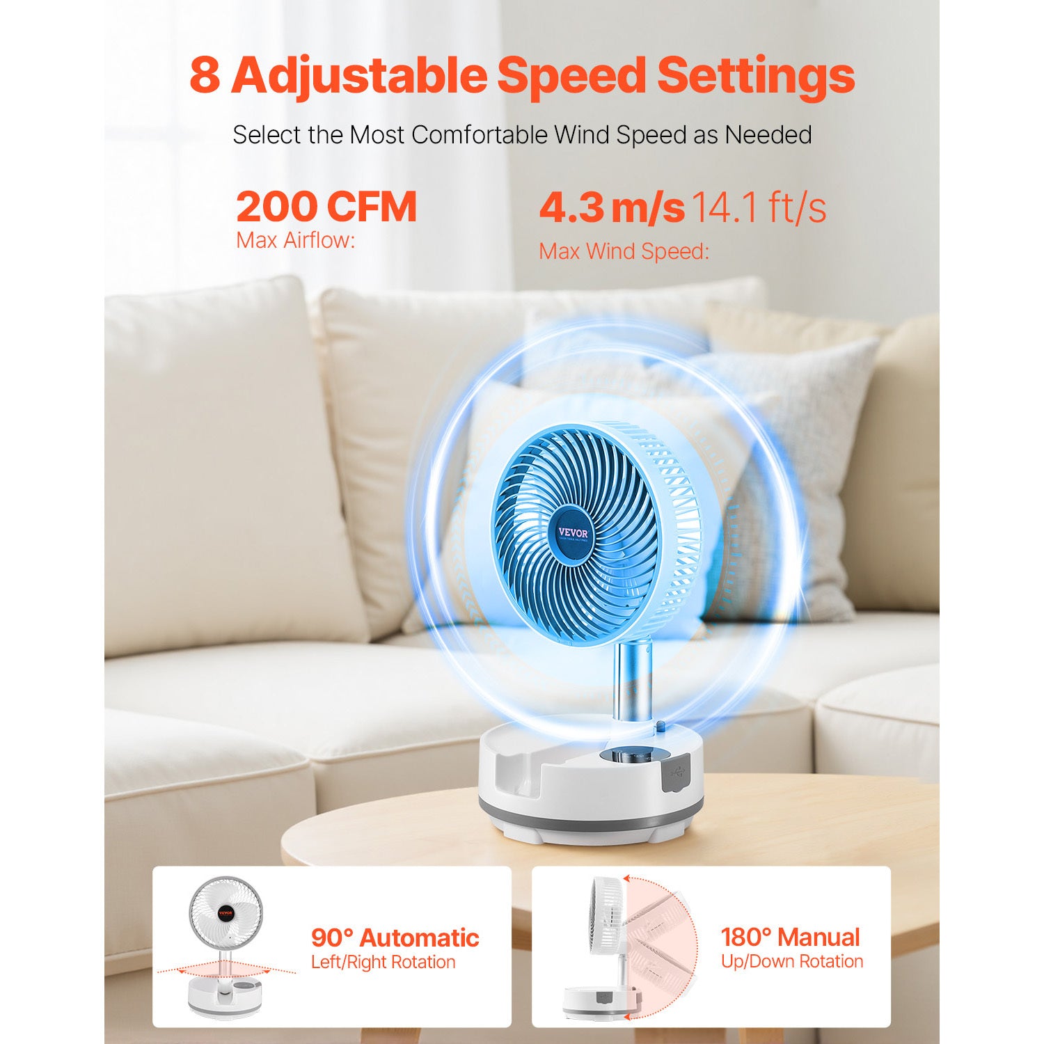 VEVOR 8 inch Foldable Rechargeable Oscillating Fan 3 in 1 Remote 8 Speeds