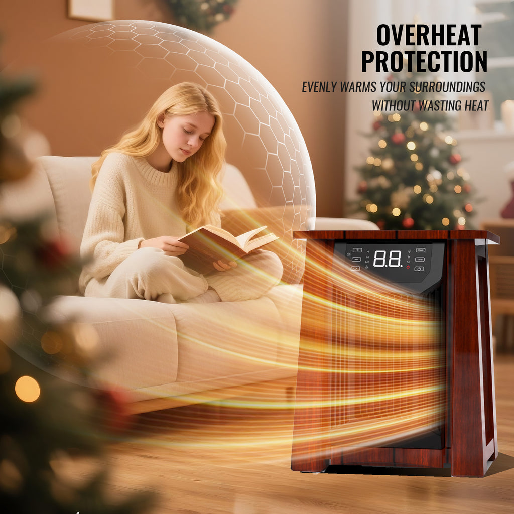 Quartz Infrared Heater with 2 USB Ports, 1500W Space Heater with Digital themostat and Tip-over Protection for Home Indoor Use