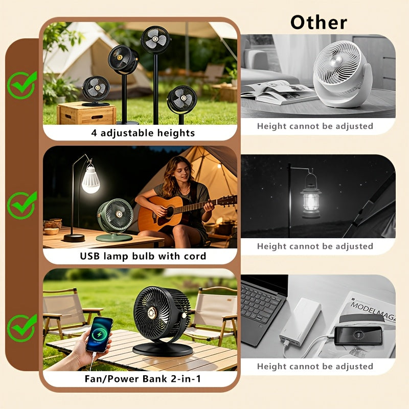 Multi-functional Fan, 2-in-1 Portable Fan, USB Rechargeable Mobile Fan, 360° Up And Down Adjustment, 5-speed Wind Adjustment, 4 Adjustable Heights, Camping Fan, Suitable for Bedroom, Outdoors, Picnic, Party, Office Back-to-school Season Holiday Gifts