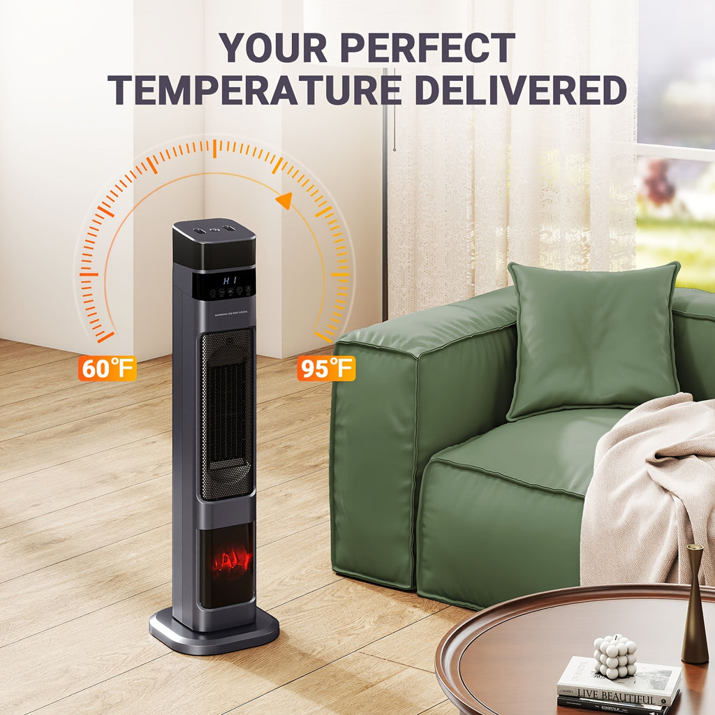 1500W PTC Tower Heater with Humidifier Function, 3D Flame Effect, Oscillating for Large Room, 12H Timer, Quiet for Bedroom, Office