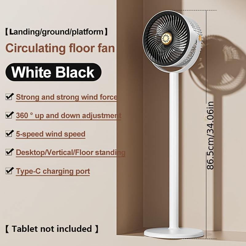 Adjustable Height Fan, 5 Speed Settings, Type-C Charging Port Lithium Battery Powered, Air Circulation Device, Modern Fan USB Charging Port