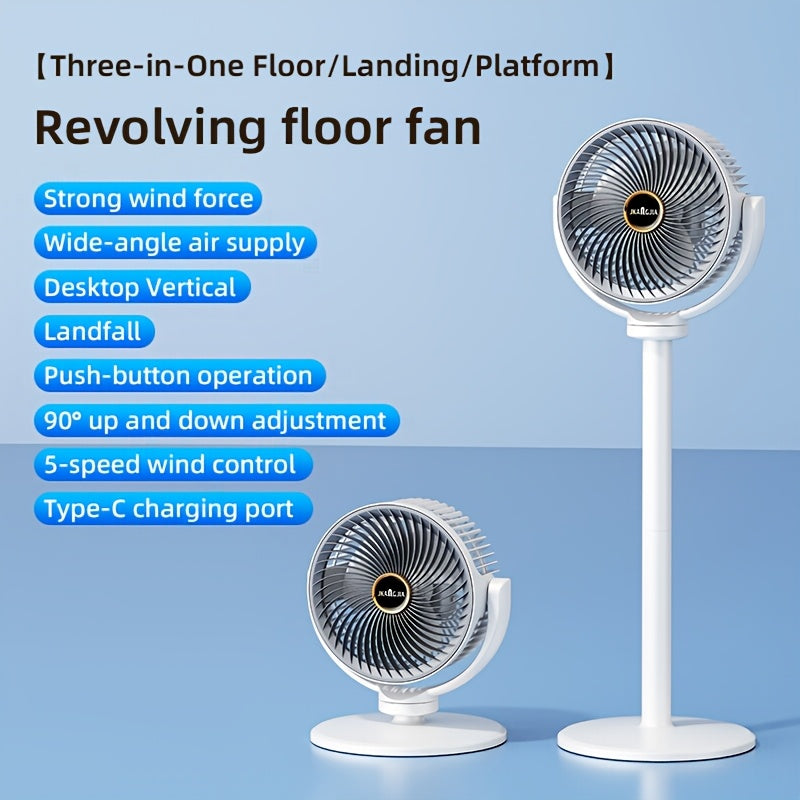 All-In-One Adjustable Floor Fan | 5 Wind Speeds, USB Charging Port, 360 Degree Adjustment, Three-Fan Design, High Power, Large Capacity Battery, Great Partner for Home, Bedroom, Living Room, Camping, Fishing, Work