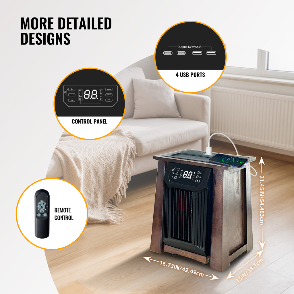 Quartz Infrared Heater with 2 USB Ports, 1500W Space Heater with Digital themostat and Tip-over Protection for Home Indoor Use