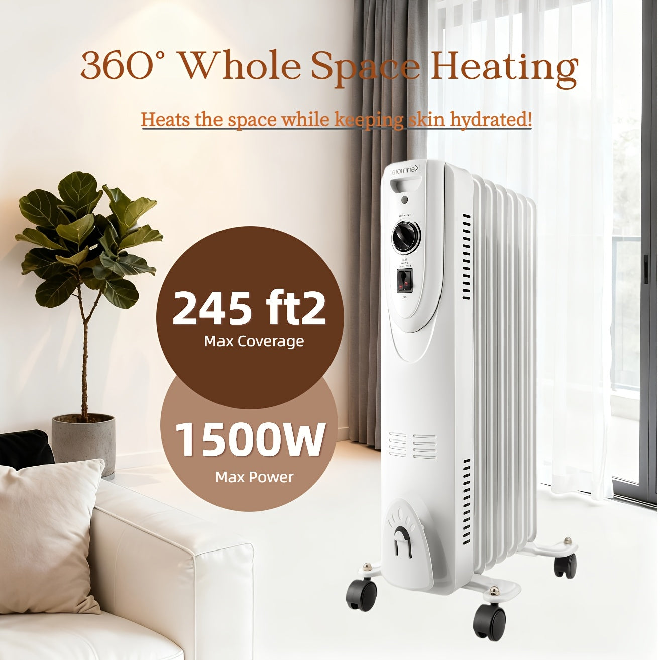 Portable Large Ceramic Oil-Filled Radiator Heater 1600W Adjustable Thermostat, Fast Heating & Constant Temperature, 24-Hour Timer, Quiet & Anti-Scald, Tip-Over & Overheat Protection, Perfect for Large Rooms, Living Rooms, Patios, Bedrooms And Offices