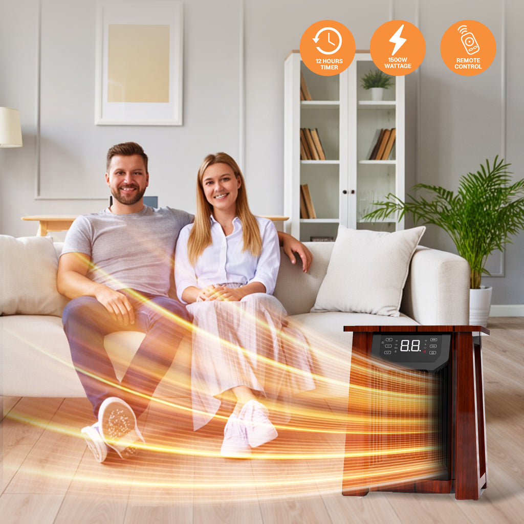 Quartz Infrared Heater with 2 USB Ports, 1500W Space Heater with Digital themostat and Tip-over Protection for Home Indoor Use