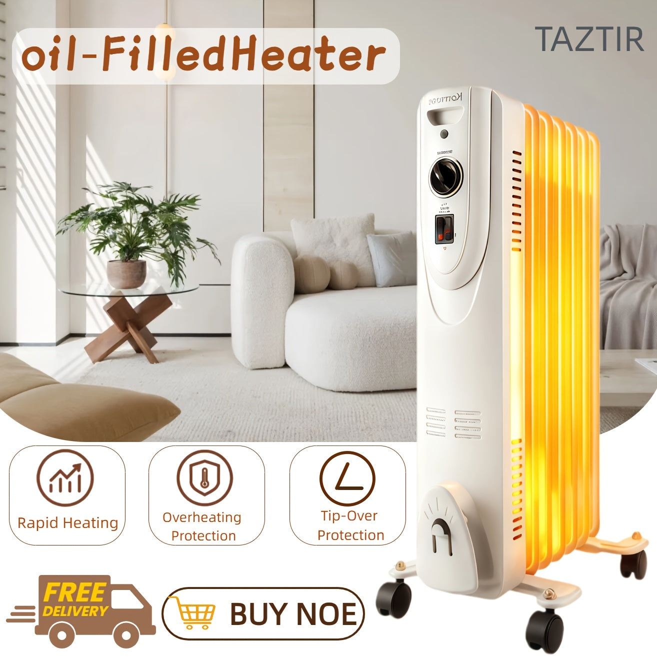 Portable Large Ceramic Oil-Filled Radiator Heater 1600W Adjustable Thermostat, Fast Heating & Constant Temperature, 24-Hour Timer, Quiet & Anti-Scald, Tip-Over & Overheat Protection, Perfect for Large Rooms, Living Rooms, Patios, Bedrooms And Offices