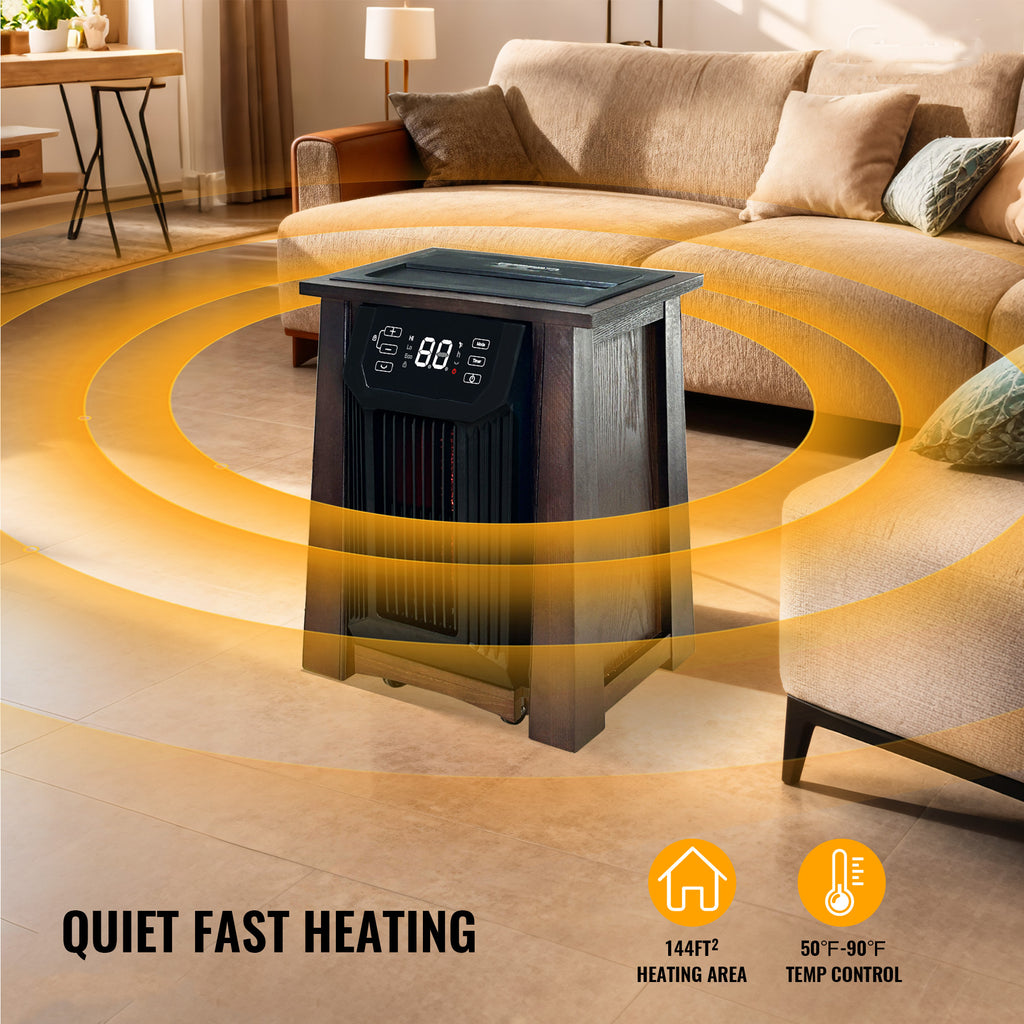 Quartz Infrared Heater with 2 USB Ports, 1500W Space Heater with Digital themostat and Tip-over Protection for Home Indoor Use