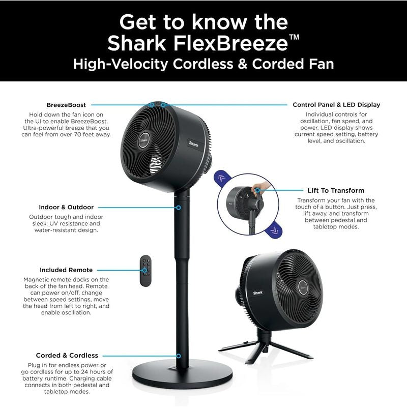 Shark R-UH205 FlexBreeze Indoor & Outdoor Fan with Pedestal & Tabletop, Portable, Remote, Quiet, Corded & Cordless, White - Certified Refurbished