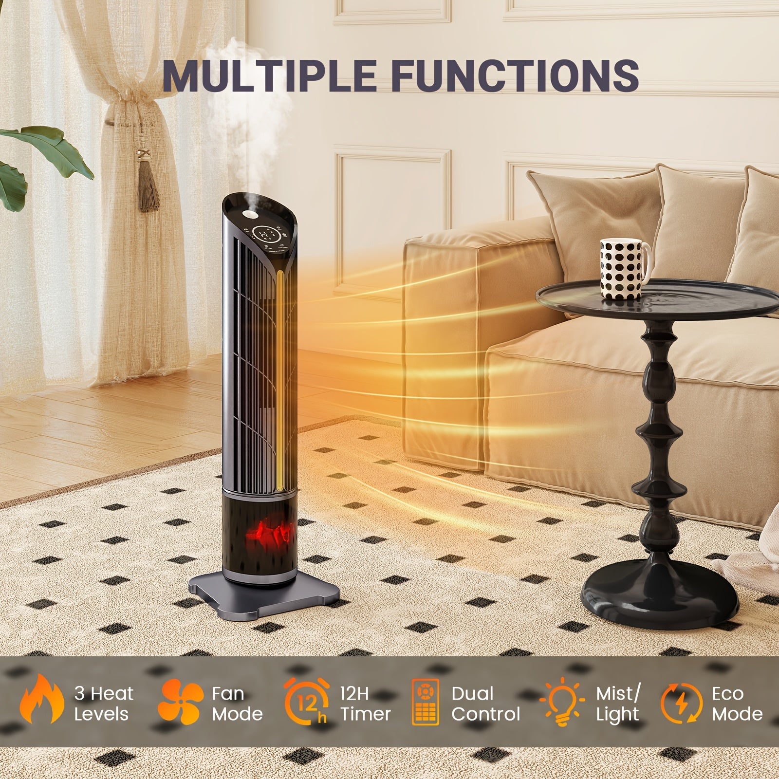 1500W PTC Tower Heater with Humidifier Function, 3D Flame Effect, Oscillating for Large Room, 12H Timer, Quiet for Bedroom, Office